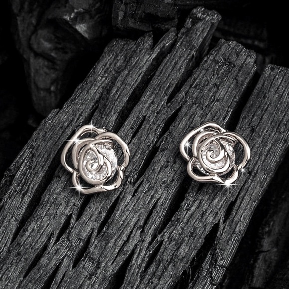Silver & CZ Rose stud Earrings - Picture 3 of 7